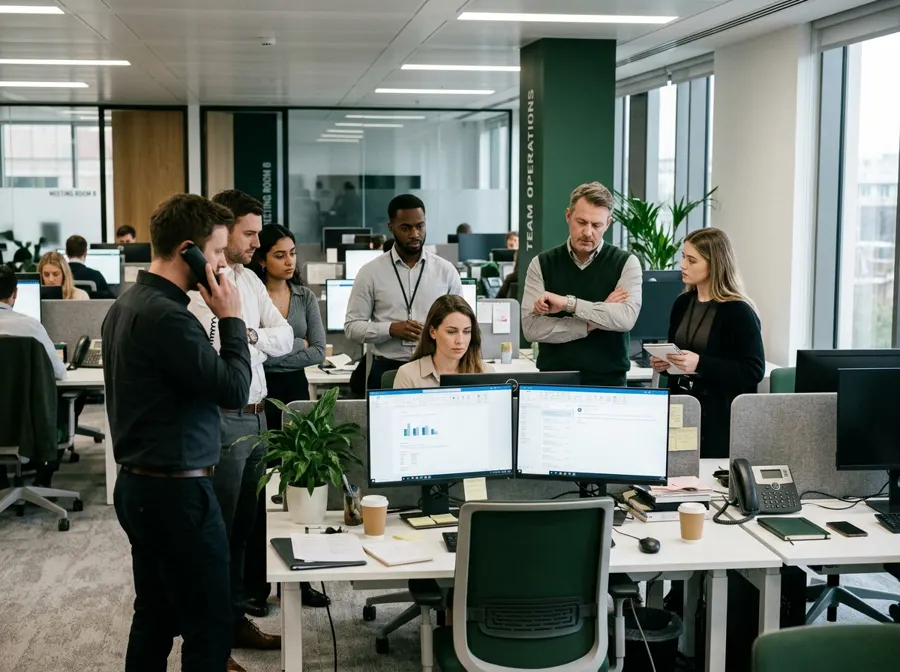 Equipe de uma empresa parada em volta de uma estação de trabalho, esperando um sistema voltar