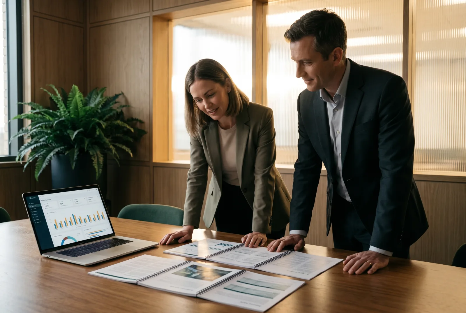 A Zamak advisor and the business owner reviewing the executive security report together