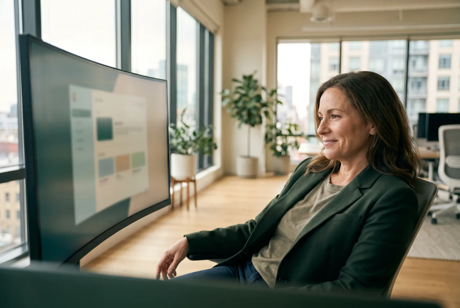 A business owner at ease reviewing an executive dashboard, in control of the operation