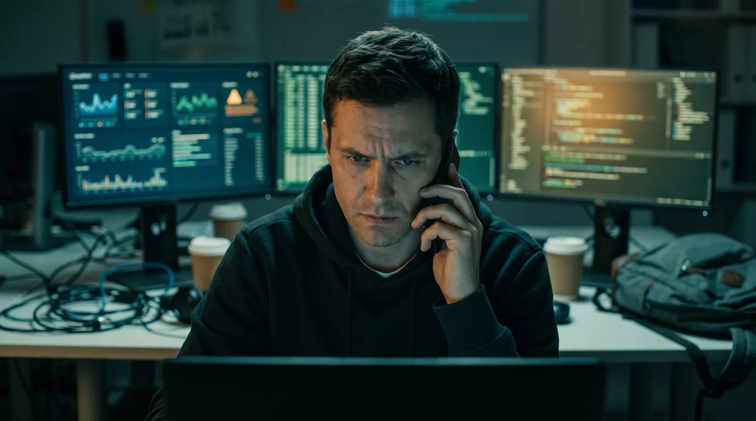 An IT leader focused at night, on the phone, surrounded by monitors with alerts, under the pressure of covering everything alone