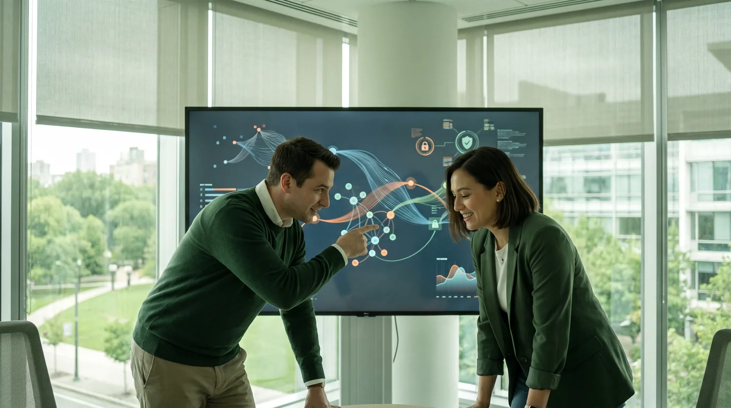A Zamak specialist and an IT leader reviewing a technical network and security dashboard together, side by side