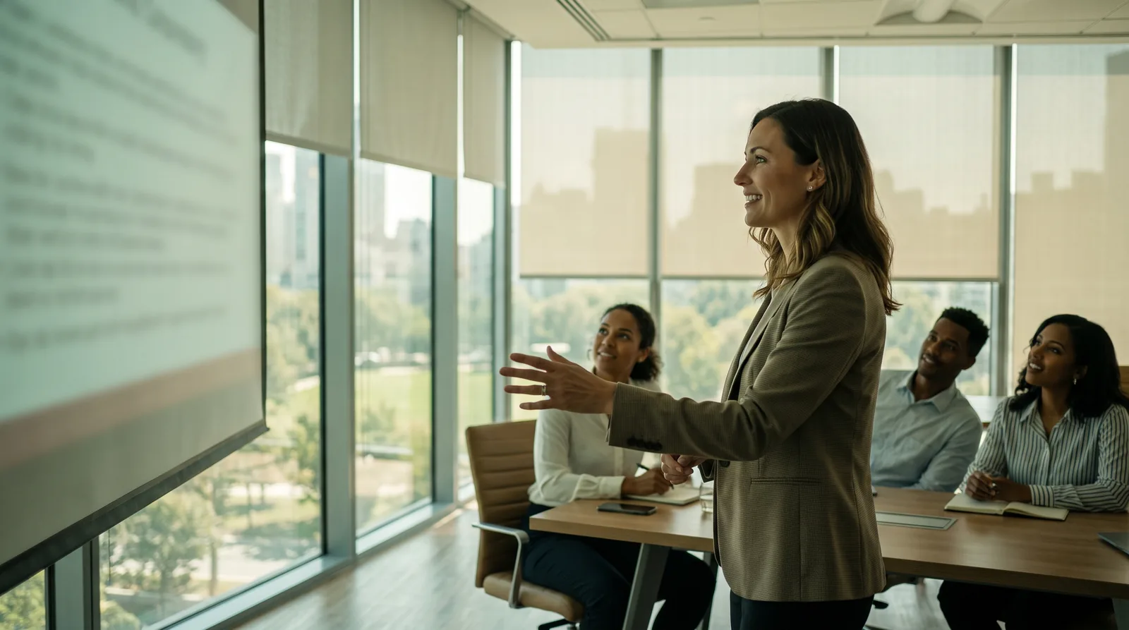 An IT leader presenting a strategic project to an engaged team, in control and leading