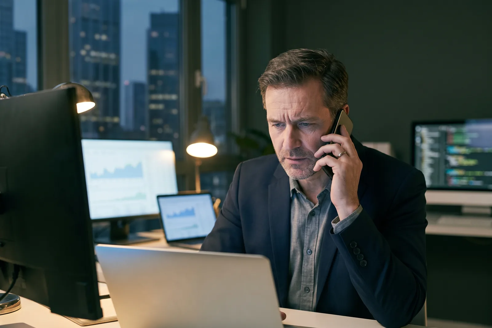 An IT company owner focused at night, on the phone, weighing a client request larger than what he delivers alone