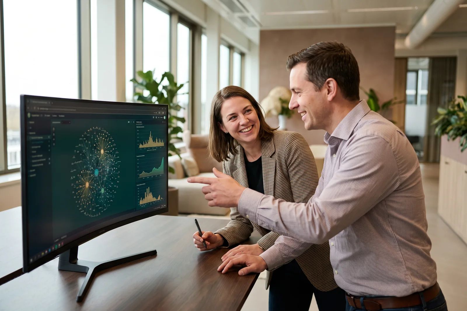 Two technology professionals side by side reviewing a network and security operations dashboard together, a partnership between equals