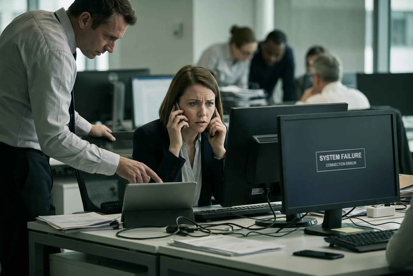 Assistente executivo no telefone durante uma falha de sistema, coordenando o escritório sob pressão