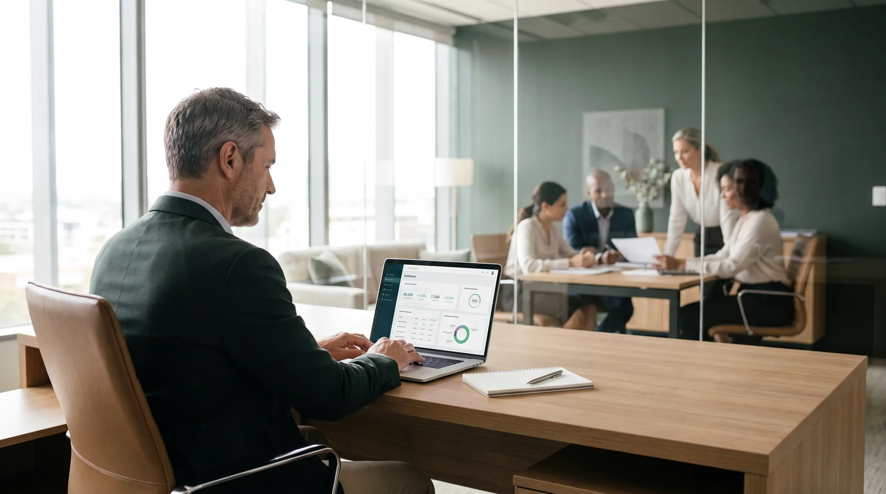 Sócio de uma firma financeira revisando com tranquilidade um painel executivo, com a equipe reunida ao fundo