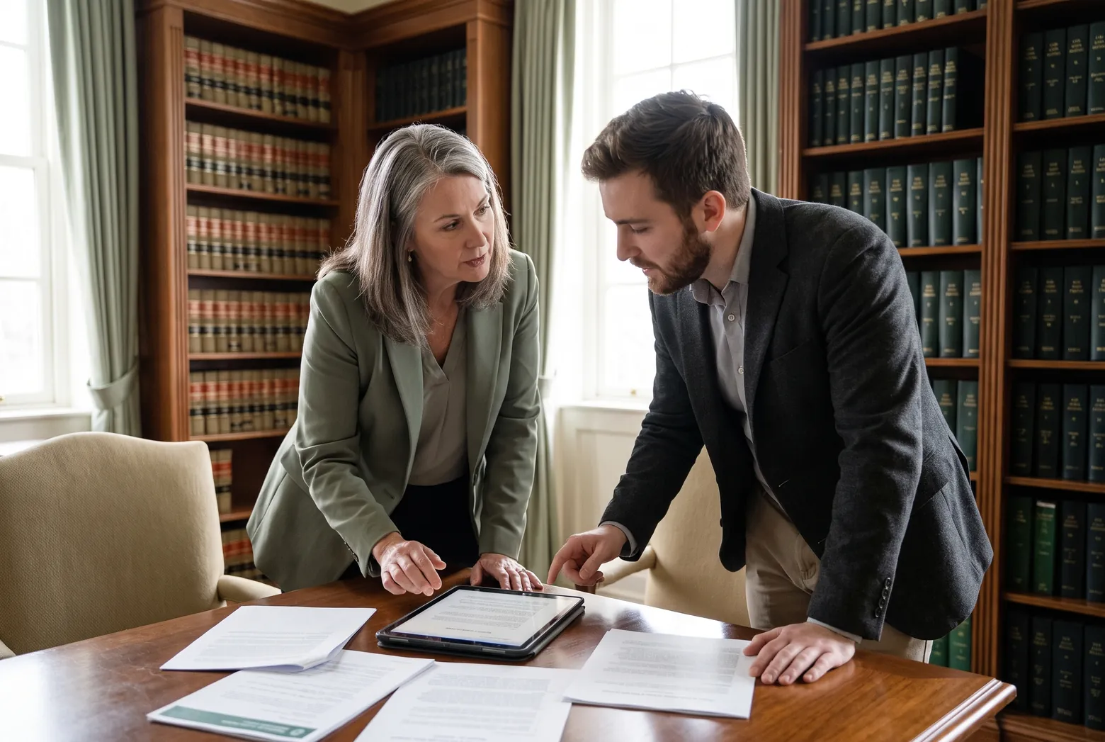 Consultor da Zamak e o sócio de um escritório de advocacia revisando juntos um relatório executivo de segurança