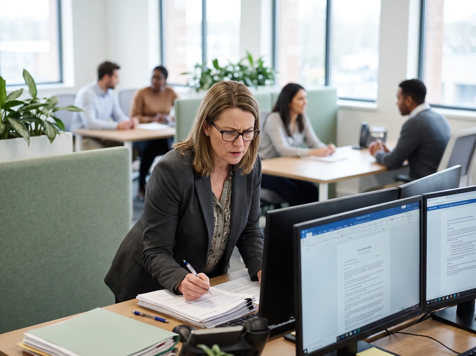 A focused professional at an insurance agency reviewing a policy, with colleagues serving clients in the background