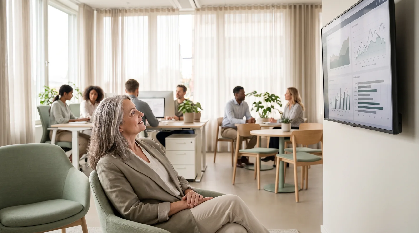 An insurance agency owner calmly following an executive dashboard, with the team working in the background