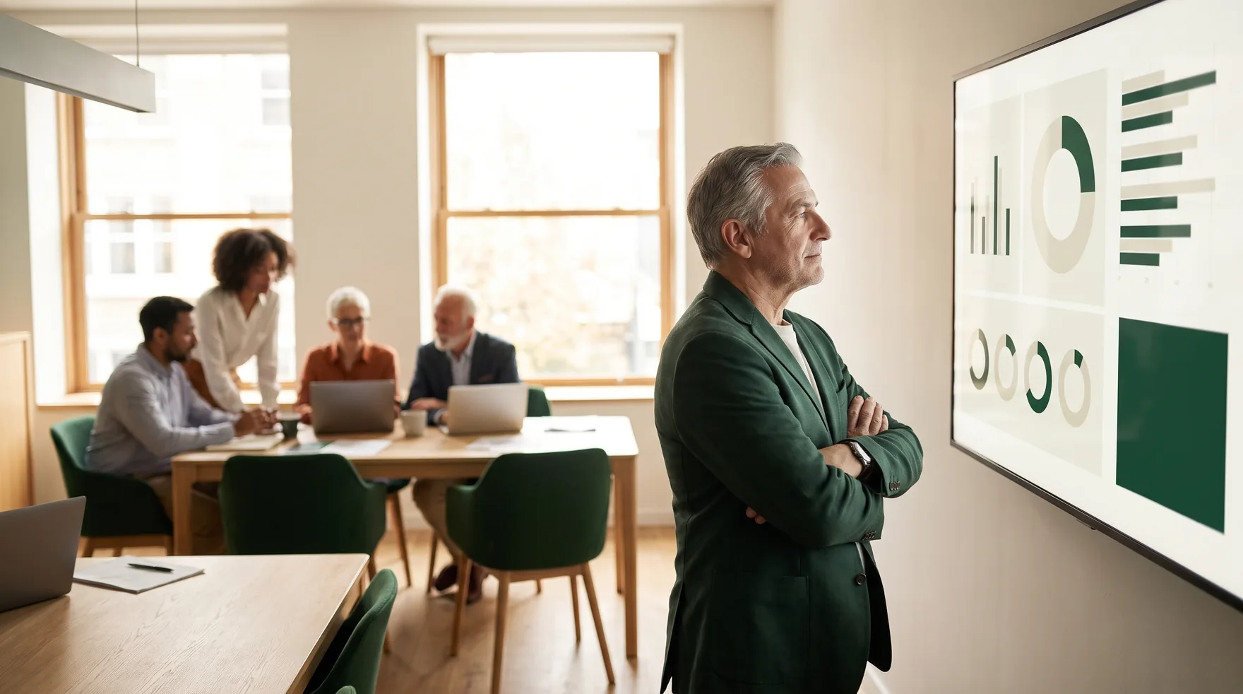 Sócio de um escritório contábil revisando com tranquilidade um painel executivo, com a equipe reunida ao fundo