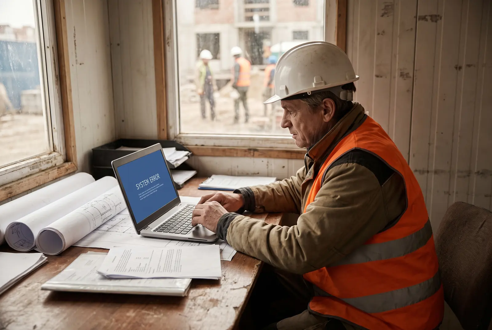 Engenheiro de uma construtora diante de uma tela travada no canteiro, com a equipe de obra ao fundo