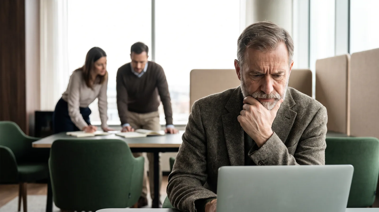 Consultora concentrada em um entregável sigiloso no notebook, com a equipe da consultoria trabalhando ao fundo