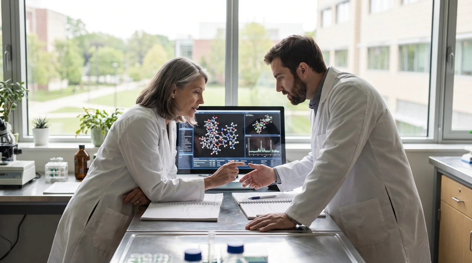 Pesquisadores de uma empresa de biotecnologia analisando dados de experimento em um laboratório