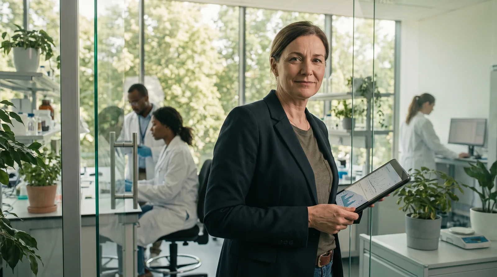Fundadora de uma empresa de biotecnologia revisando com tranquilidade resultados de pesquisa, com a equipe ao fundo