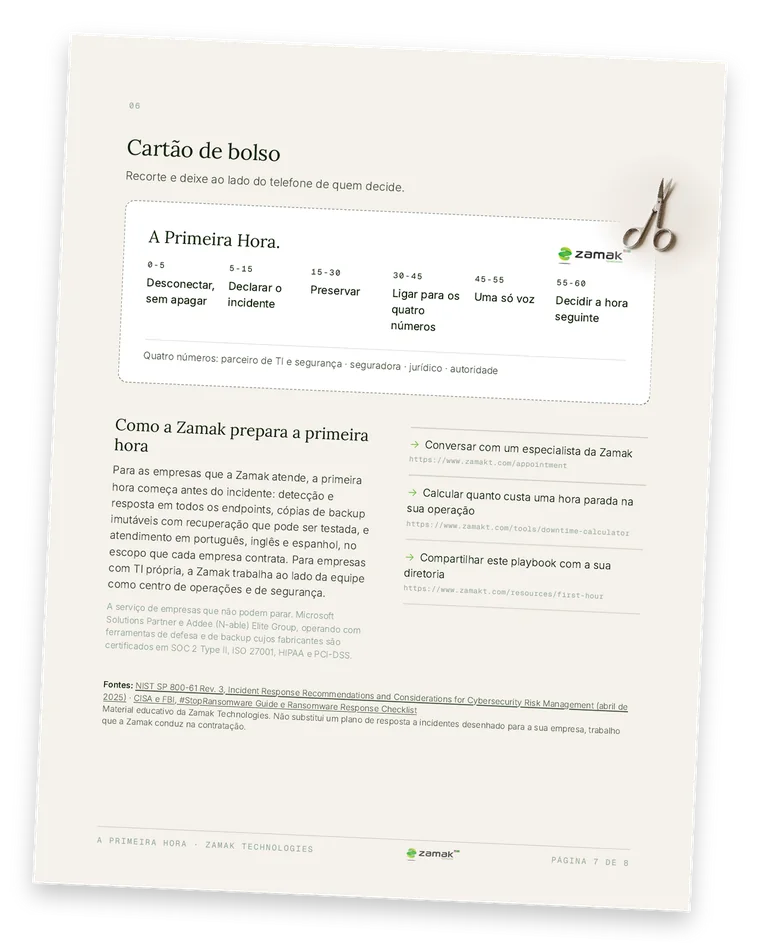 Página 7 do playbook: o cartão de bolso para deixar ao lado do telefone