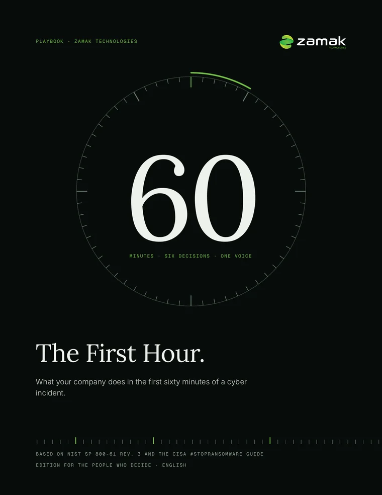 Cover of The First Hour, the incident response playbook by Zamak Technologies