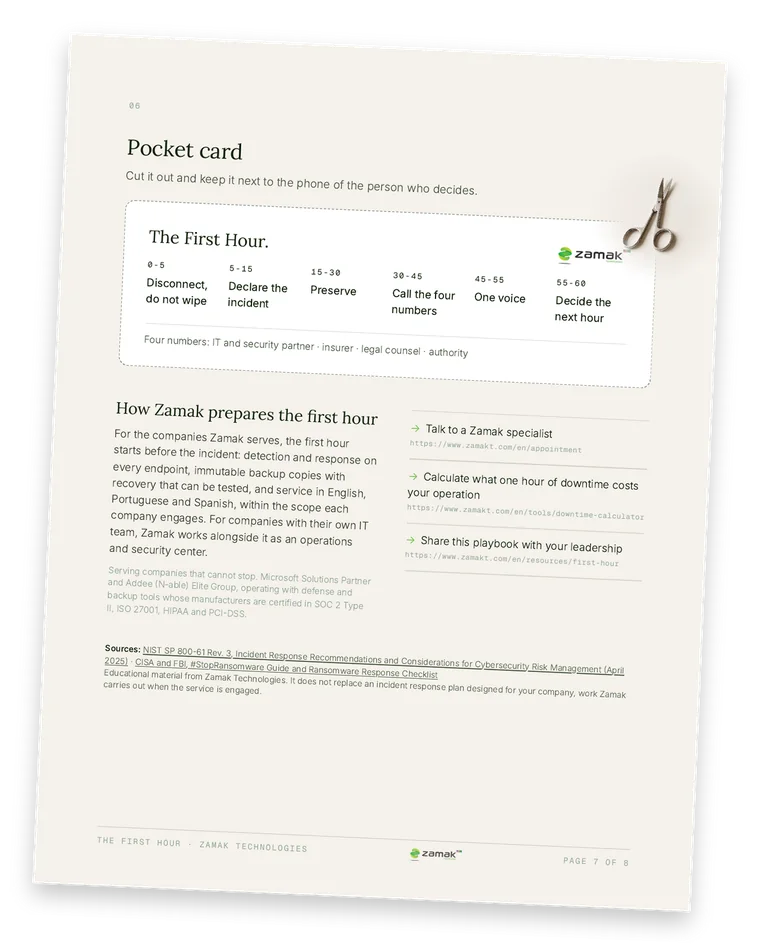 Page 7 of the playbook: the pocket card to keep next to the phone