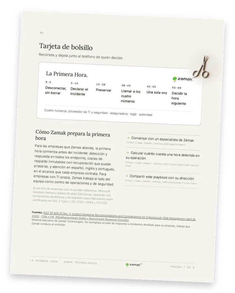 Página 7 del playbook: la tarjeta de bolsillo para dejar junto al teléfono